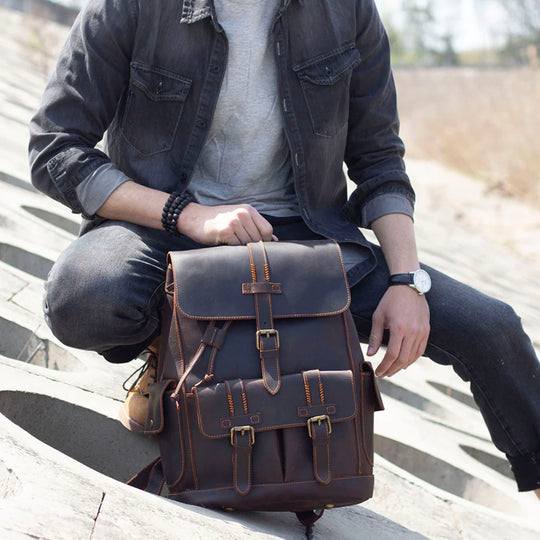 Carter - Buckle Strap Leather Backpack